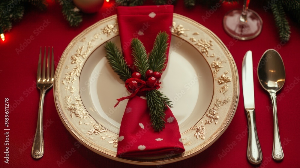 Christmas dinner concept. Christmas plate on the table. Festive Xmas background Christmas dinner concept. Christmas plate on the table. Festive Xmas background