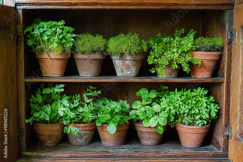 the interior of an old cabinet showcasing moss-covered shelves, blending rustic charm with nature