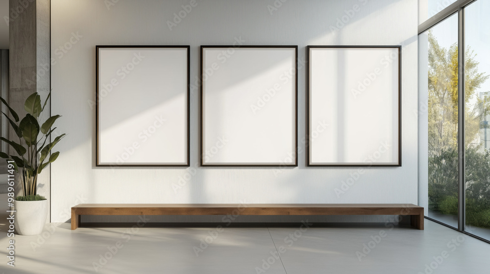 Fototapeta premium Blank artwork, blank poster hanging in a frame mockup on an art gallery walls in art gallery, miminalistic modern art exhibition atmosphere, curated display for creative artwork background