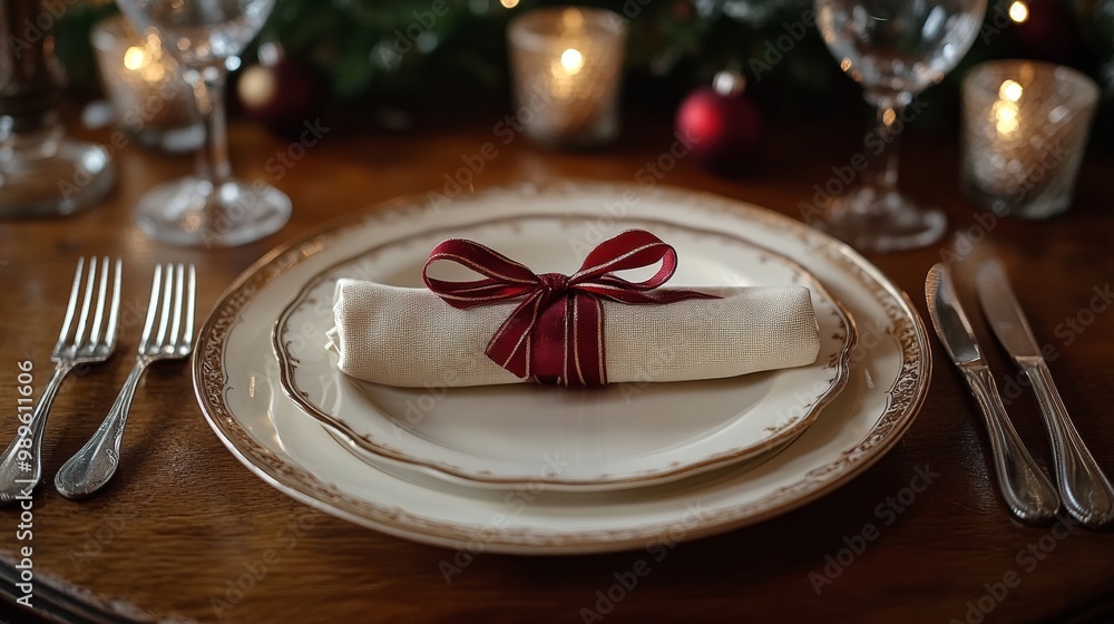 Christmas dinner concept. Christmas plate on the table. Festive Xmas background Christmas dinner concept. Christmas plate on the table. Festive Xmas background