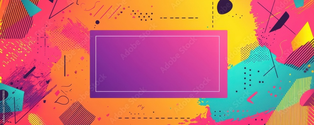 Colorful abstract geometric background with a purple rectangular box in the center surrounded by vibrant shapes and patterns Colorful abstract geometric background with a purple rectangular box in the center surrounded by vibrant shapes and patterns