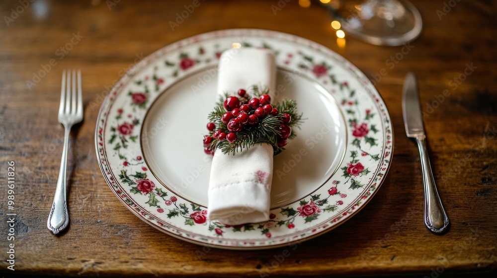 Christmas dinner concept. Christmas plate on the table. Festive Xmas background Christmas dinner concept. Christmas plate on the table. Festive Xmas background