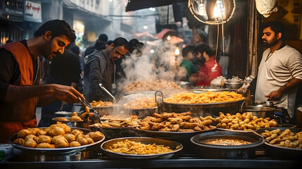 An Indian street food stall bustling with customers, the air filled with the enticing aromas of frying snacks and spices.