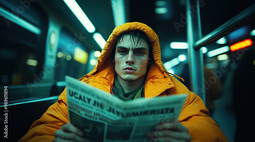 Cinematic Dramatic mafia movie scene of a gangster man, wearing yellow hoodie jacket, reading newspaper in a subway train in artsy vintage colored film style photo