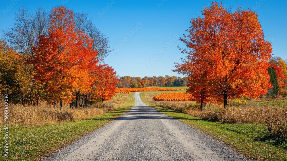 Quiet country road lined with vibrant orange and red autumn trees under a clear blue sky Quiet country road lined with vibrant orange and red autumn trees under a clear blue sky