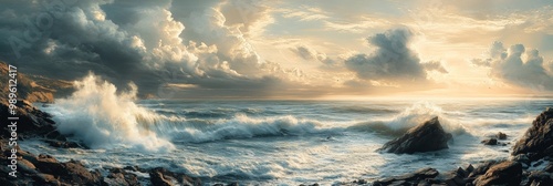 Dramatic Coastal Landscape, waves crashing against rugged cliffs, soft blur of distant scenery, vibrant sky filled with dynamic clouds