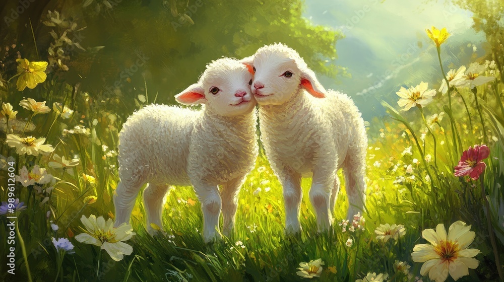 Fototapeta premium A pair of baby lambs standing in a green meadow, gently nuzzling each other while surrounded by springtime flowers.