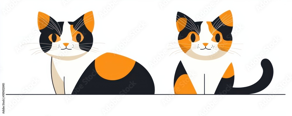 Fototapeta premium Colorful illustration of two elegant calico cats sitting side by side