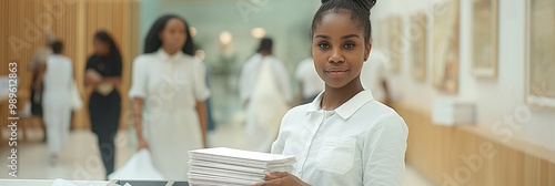 Young black woman with papers in an office, symbolizing organization, order, and paper recycling, perfect for Recycling Day and office campaigns