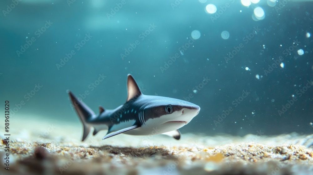 A playful baby shark swimming near the ocean floor, its tiny fins ...
