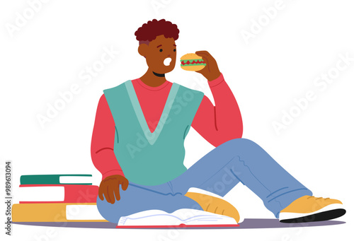 University Student Sits Comfortably While Enjoying A Burger And Studying. Cartoon Vector Image Portrays Casual Study
