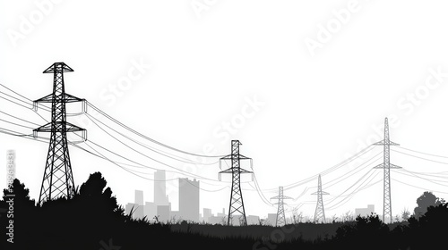 Minimalist Monochrome Vector Illustration of High Voltage Power Line Towers for Electric Transmission