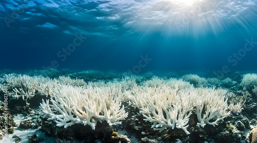 Fototapeta Naklejka Na Ścianę i Meble -  A decayed coral reef underwater the once vibrant colors now bleached.