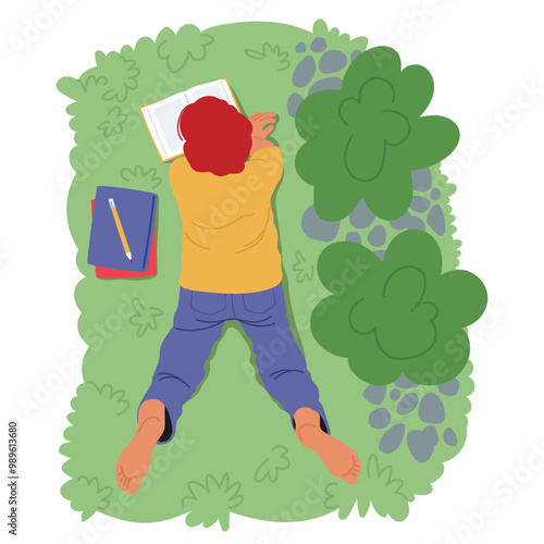 Colorful Illustration Shows A Person Lying On The Grass Reading A Book Surrounded By Greenery With A Notebook