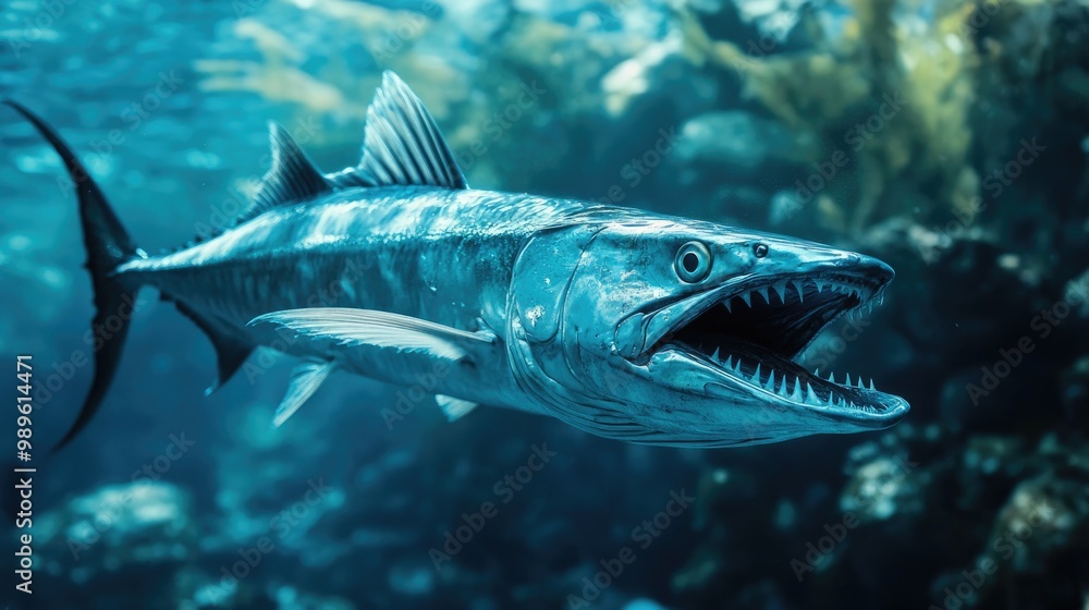 A stunning shot of a barracuda gliding through the water, showcasing its sleek body and sharp teeth in a natural marine setting. A stunning shot of a barracuda gliding through the water, showcasing its sleek body and sharp teeth in a natural marine setting.
