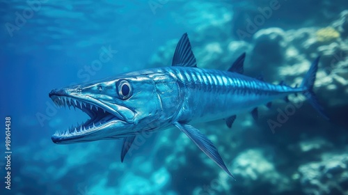 A stunning shot of a barracuda gliding through the water, showcasing its sleek body and sharp teeth in a natural marine setting.