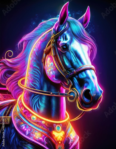 A majestic horse with neon lights. photo