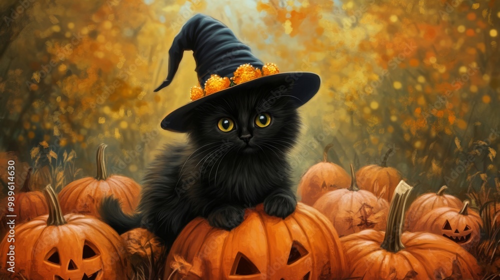Naklejka premium Black Cat in a Witch Hat with Pumpkins for Halloween