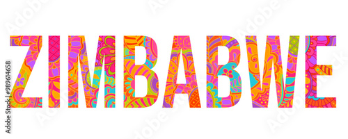 Zimbabwe country creative text design filled with colorful doodle pattern