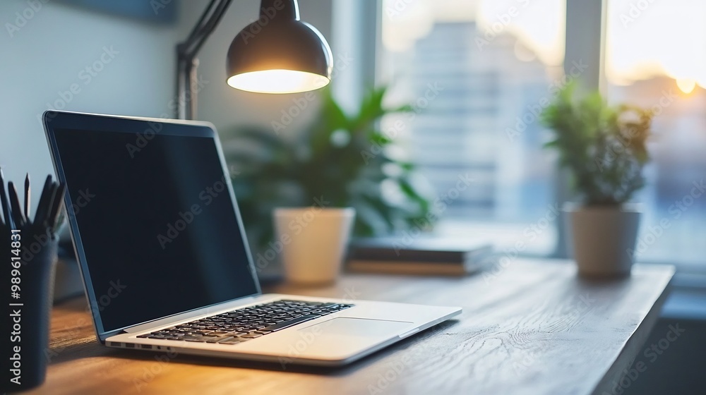 Blurry corner of minimalist home office where a single hanging lamp creates soft shadows on a sleek wooden desk fading gently into the surrounding decor Blurry corner of minimalist home office where a single hanging lamp creates soft shadows on a sleek wooden desk fading gently into the surrounding decor