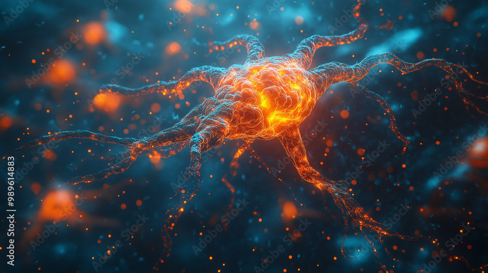 A 3D render of an beautiful artificial neuron with multiple dendrites and an axon. The dendrites are branching out into multiple smaller dendrites A 3D render of an beautiful artificial neuron with multiple dendrites and an axon. The dendrites are branching out into multiple smaller dendrites
