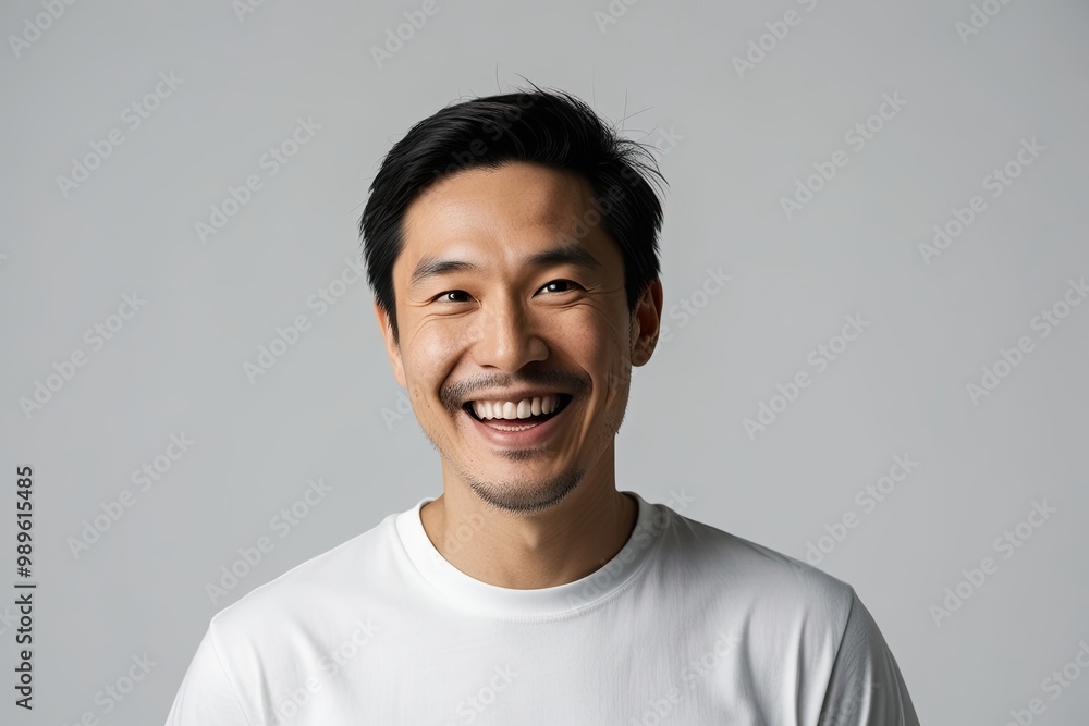 Smiling Man in White T-Shirt Against Plain Background Smiling Man in White T-Shirt Against Plain Background