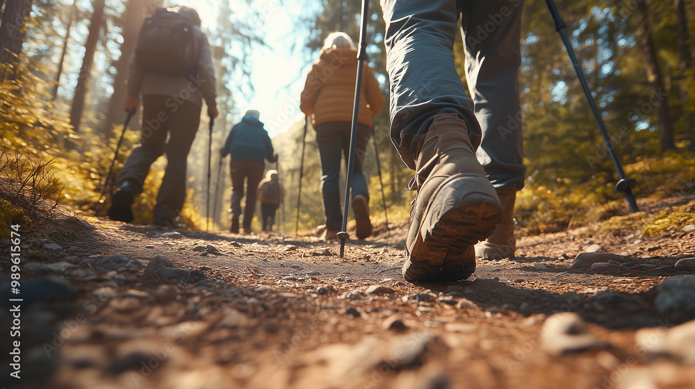 Senior hikers walking through a forest trail, highlighting sturdy footwear. This image captures active aging, outdoor fitness, and social connection among older adults. Image made using Generative AI Senior hikers walking through a forest trail, highlighting sturdy footwear. This image captures active aging, outdoor fitness, and social connection among older adults. Image made using Generative AI