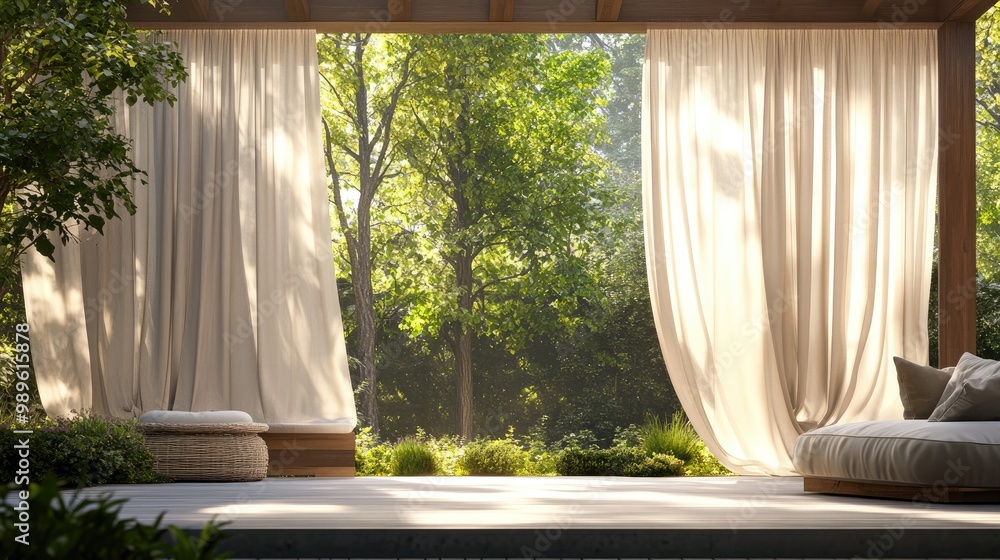 A tranquil outdoor scene featuring curtains blowing gently in the wind on a patio, promoting relaxation and enjoyment of nature. A tranquil outdoor scene featuring curtains blowing gently in the wind on a patio, promoting relaxation and enjoyment of nature.
