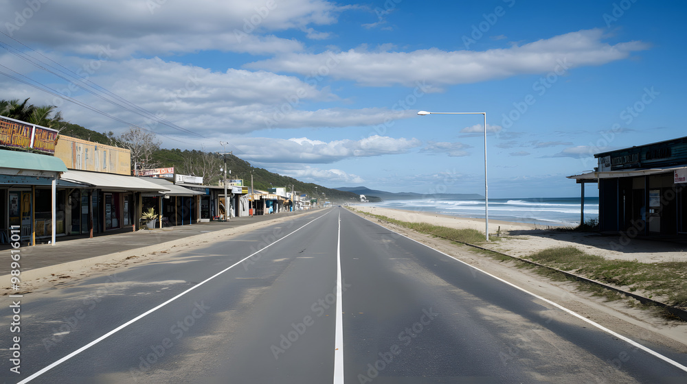 A deserted Australian beach town with surf shops closed and no tourists in sight the streets eerily quiet. A deserted Australian beach town with surf shops closed and no tourists in sight the streets eerily quiet.