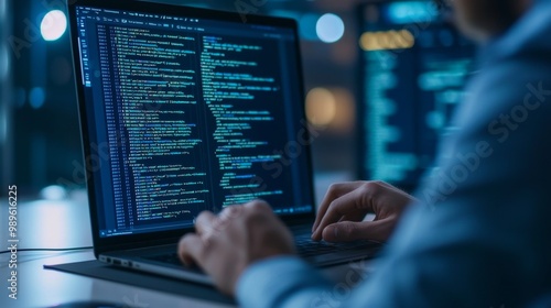 A person coding on a laptop, displaying lines of code on the screen in a dimly lit environment, emphasizing technology and software development.