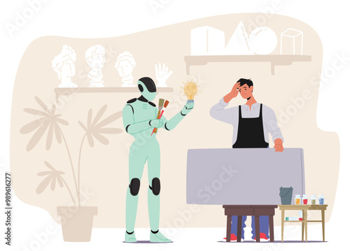 Robot Holds A Lightbulb And Paintbrushes While Standing Next To A Painter In A Studio Setting With Art Supplies