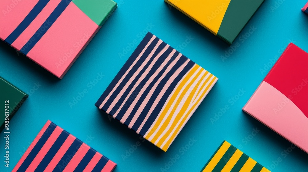 Colorful patterned boxes arranged creatively on a bright background, showcasing vibrant stripes and geometric designs. Colorful patterned boxes arranged creatively on a bright background, showcasing vibrant stripes and geometric designs.