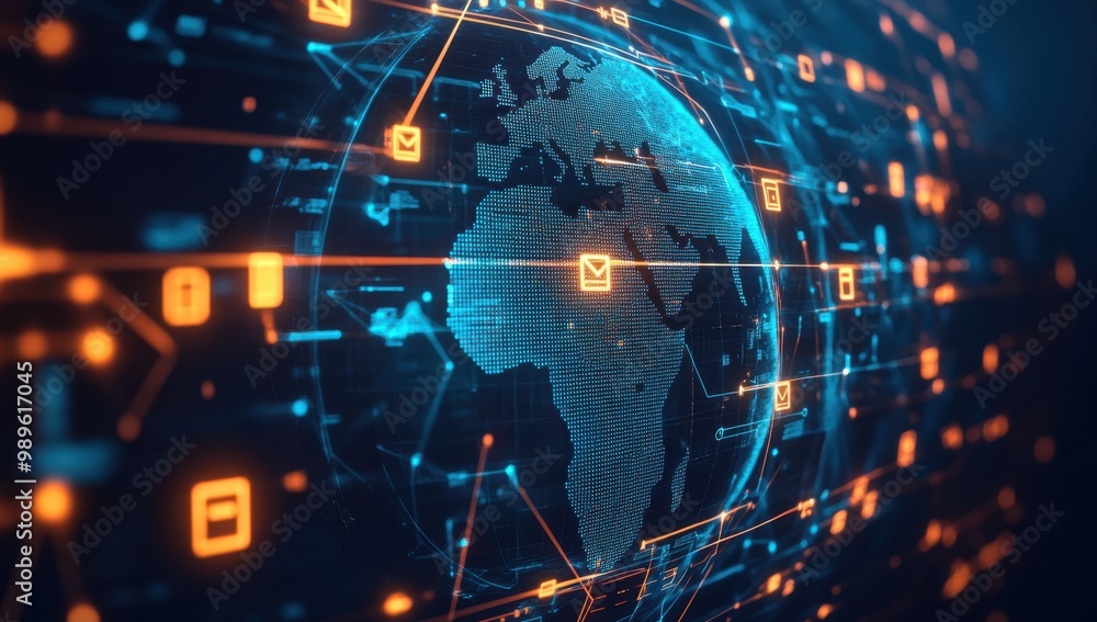 Fototapeta premium A digital globe with the African continent highlighted, surrounded by glowing data streams and icons representing global network connectivity Generative AI