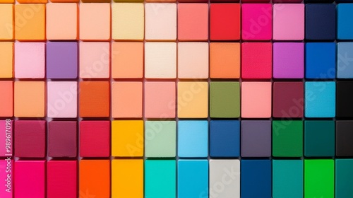 A vibrant array of colorful paint swatches organized in neat squares, showcasing a spectrum of hues and shades for creative inspiration.
