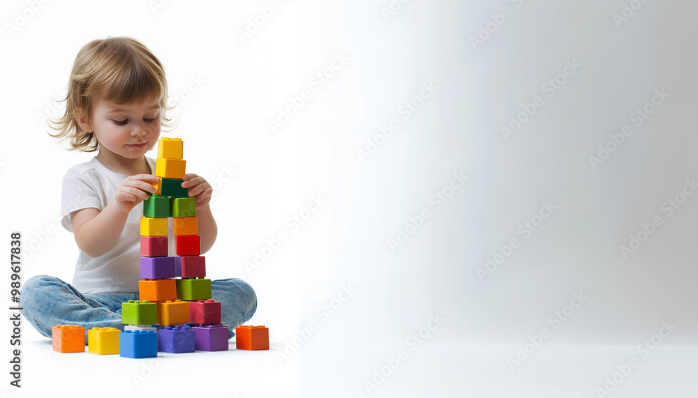 A child playing with blocks on a white background A child playing with blocks on a white background