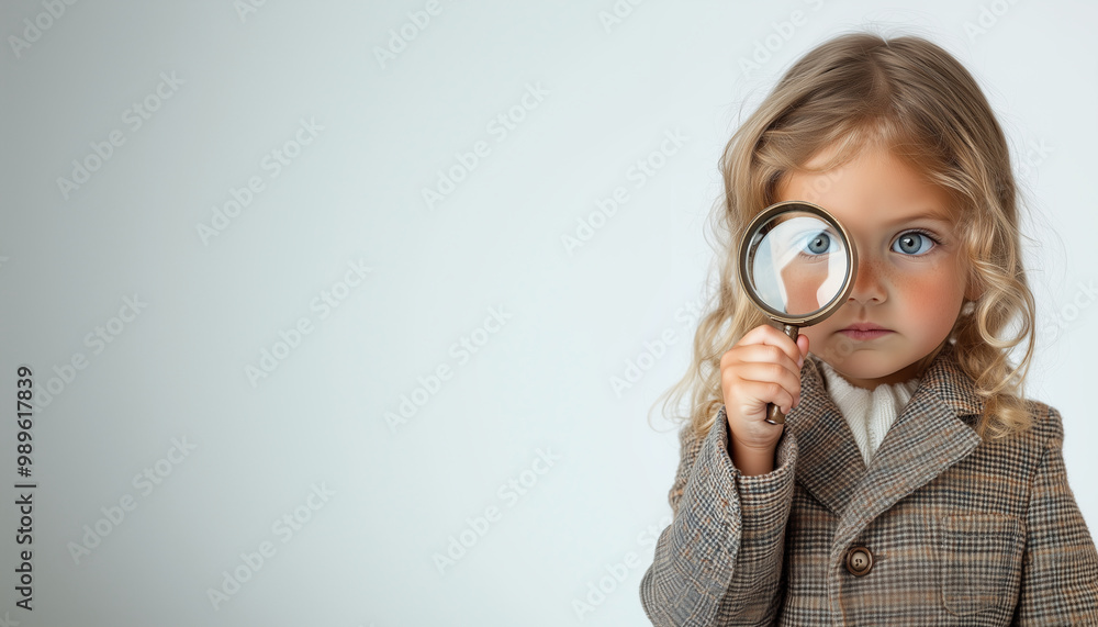 A young girl dressed in professional attire holding up her magnifying glass A young girl dressed in professional attire holding up her magnifying glass