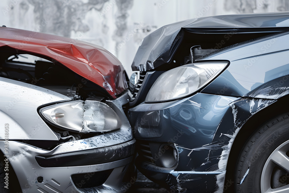 Close-up of a severe frontal collision between two cars, highlighting the damaged bumpers and crumpled metal from the impact Close-up of a severe frontal collision between two cars, highlighting the damaged bumpers and crumpled metal from the impact