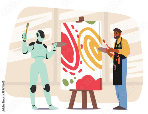 Robot And A Human Artist Collaborate On A Colorful Abstract Painting In A Creative Studio Setting, Technology And Human