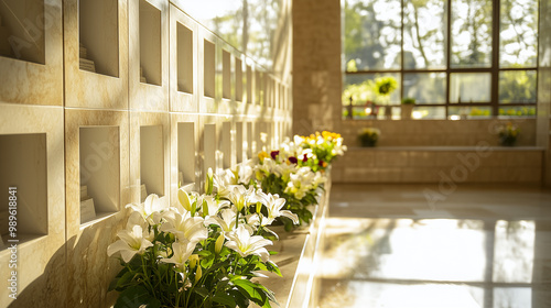 Columbarium interior with floral tributes in sunlight