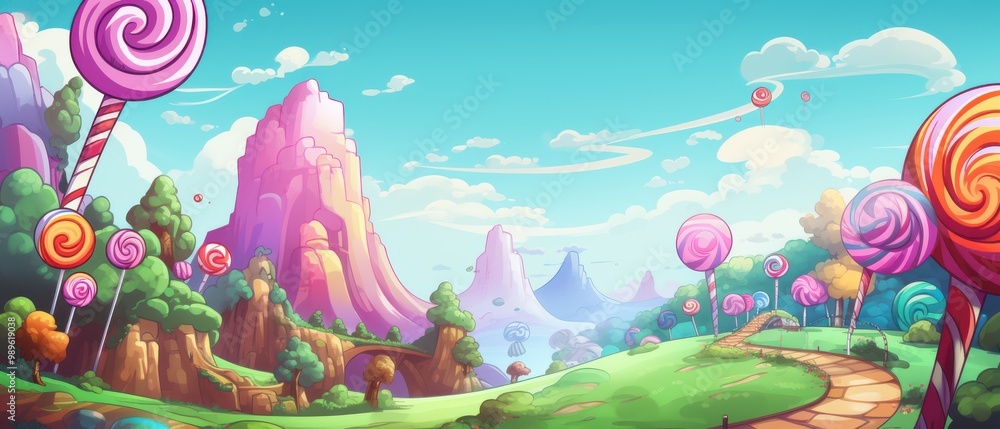 A whimsical landscape with giant lollipop trees and candy mountains A whimsical landscape with giant lollipop trees and candy mountains