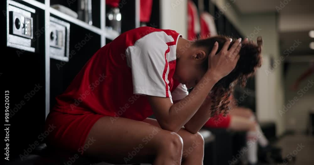 Locker room, sports and woman soccer player with failure at game, training or tournament in Paris. Upset, regret and female football athlete in cloakroom thinking of mistake in match or practice. Locker room, sports and woman soccer player with failure at game, training or tournament in Paris. Upset, regret and female football athlete in cloakroom thinking of mistake in match or practice.