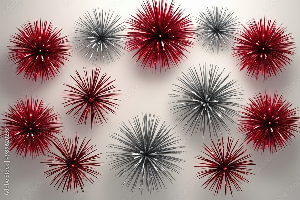 Vibrant Red and Silver Fireworks Exploding on a Soft White Background for Celebratory Events Vibrant Red and Silver Fireworks Exploding on a Soft White Background for Celebratory Events