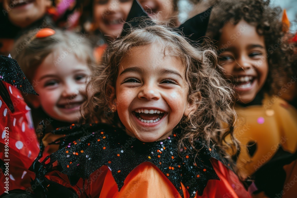Festive Halloween party scene with children laughing in creative costumes. Festive Halloween party scene with children laughing in creative costumes.