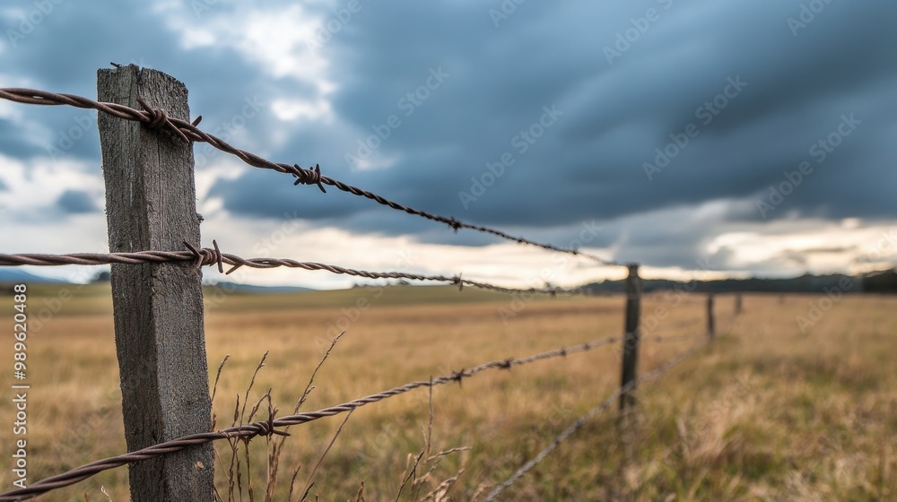 A close-up of a barbed-wire fence stretching across an open field, with dramatic clouds overhead, capturing the rugged beauty of the countryside. A close-up of a barbed-wire fence stretching across an open field, with dramatic clouds overhead, capturing the rugged beauty of the countryside.