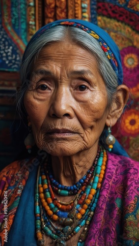 Portrait of elderly woman wearing colorful traditional attire, neutral expression