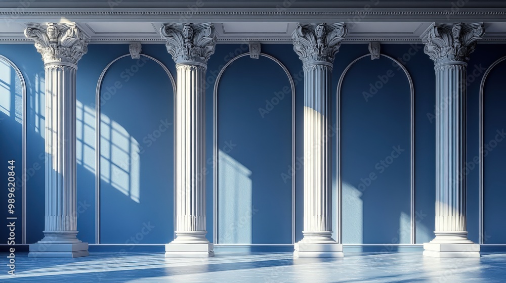 Fototapeta premium Blue columns in classic architecture with gray walls and shadows