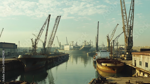 A European industrial dockyard with cranes rusting and vessels anchored no movement in the harbor. photo