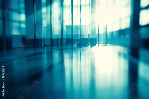 Blurry wideangle shot of futuristic corporate office with transparent walls where minimalist desks fade into the background using depthoffield blur