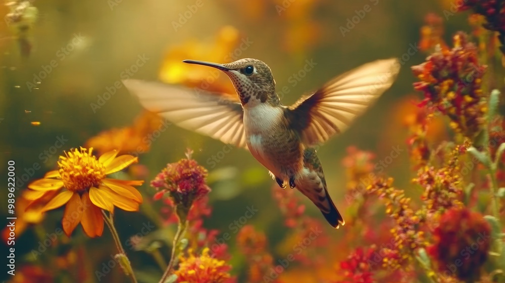 Obraz premium A close-up of a hummingbird hovering near vibrant flowers, its wings a blur of motion, showcasing the beauty of nature and the art of pollination.