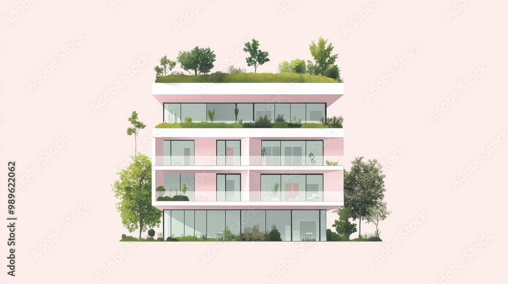 Climate Adaptable Building Vector Eco-Friendly Building with Green Roofs in Soft Pastel Tones ...